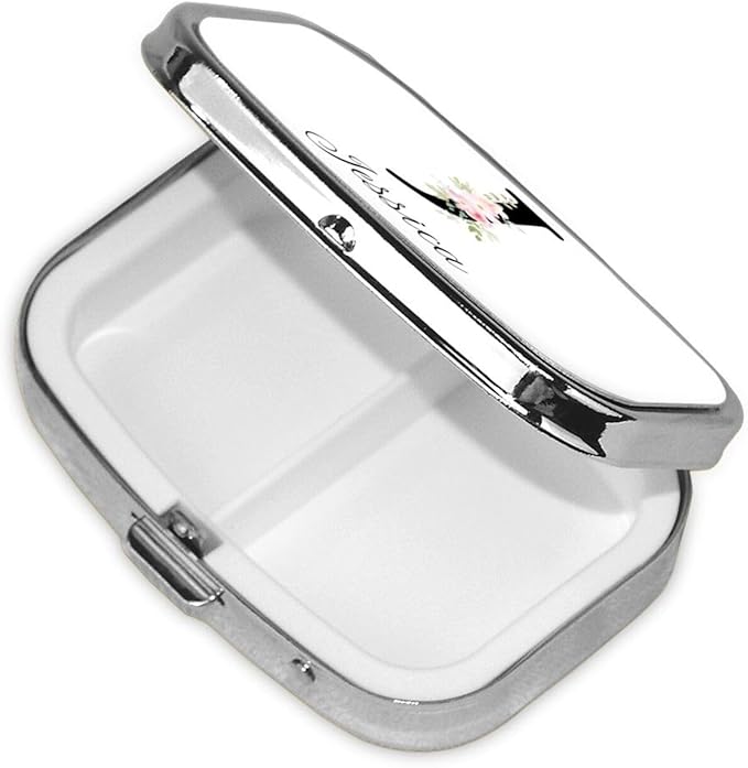 Custom Pill Box Personalized Square Small Pill Case with Mirror Add Your Photo Text Logo Name Decorative 2 Compartment Portable Metal Medicine Container Vitamin Organizer for Pocket Purse Travel (J)