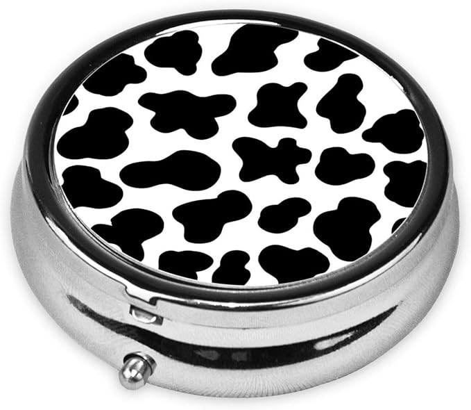 Animal Cow Print White Black Spot Print Round Metal Pill Box with 3 Compartment for Pocket or Purse Travel Bag Mini Small Size 2 inche