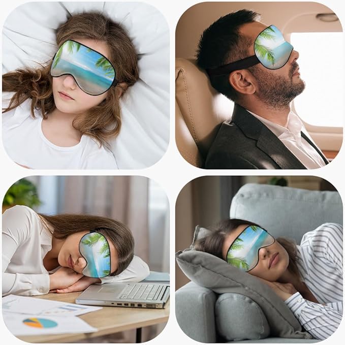 Tropical Beach Sleep Mask Eye Mask Palm Sand Sea Blue Sky Summer Sleep Mask Light Blocking Adjustable Smooth Soft Eye Masks for Women Deep Rest Travel
