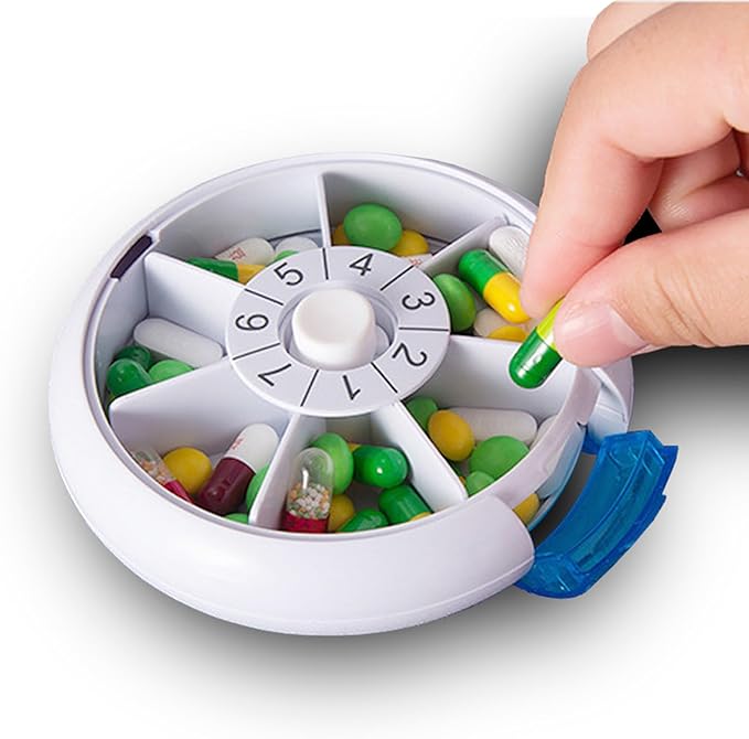 Weekly Medicine Pill Organizer - 7 Day Round Pill Box with Rotary Design, Daily Compartment for Vitamins & Medication, Compact Pill Case for Purse,Portable Travel Essentials for Pills & Supplements