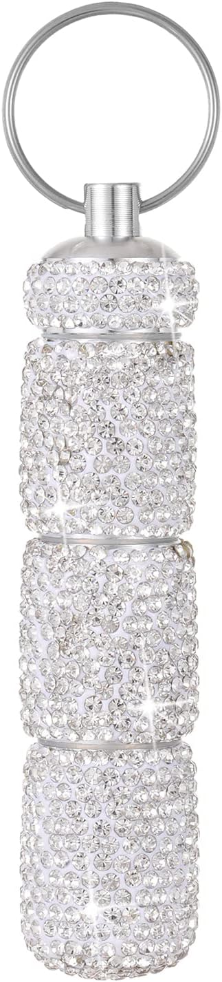 Bling Pill Case Portable Travel Pill Container Bottle Rhinestone Waterproof Small Pill Holder with Keychain Cute Mini Pill Storage Box for Outdoor Camping Case (White)