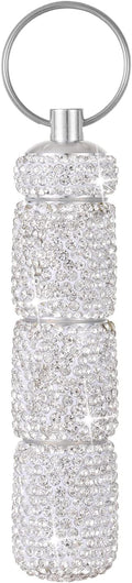 Bling Pill Case Portable Travel Pill Container Bottle Rhinestone Waterproof Small Pill Holder with Keychain Cute Mini Pill Storage Box for Outdoor Camping Case (White)