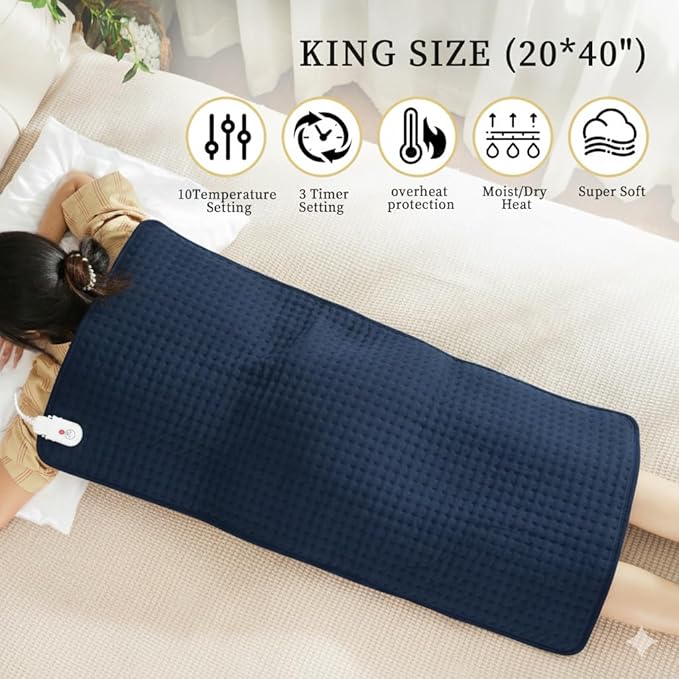 Electric Heating Pad for Back Pain Relief, Heating Pad for Period Cramps Neck and Shoulder,Knee,Arms,Legs, Auto Shut Off Moist Heat Machine Washable (c.Dark Blue 20x40, 10 Heating Temp -20x40)