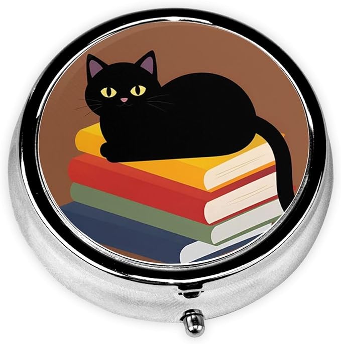 Metal Pill Organizer - 3-Compartment Mini Round Pill Case for Pocket & Purse, Portable Vitamin Holder, Easy-Open Design for Travel - Black Cat and Book