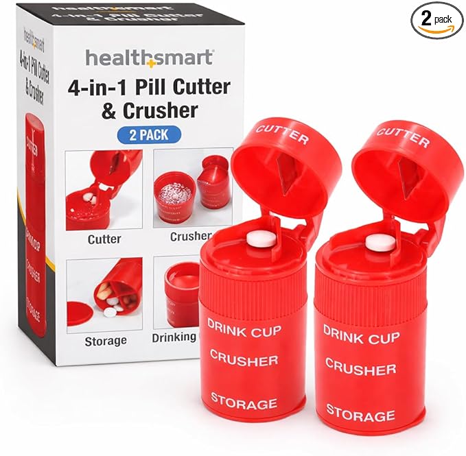 HealthSmart 2 Pack - 4-in-1 Pill Cutter, Crusher & Storage with Drinking Cup, Portable Medication Organizer for Travel, Seniors, Splitter, Pill Box for Small and Tiny to Large Pills – Multi-Tool