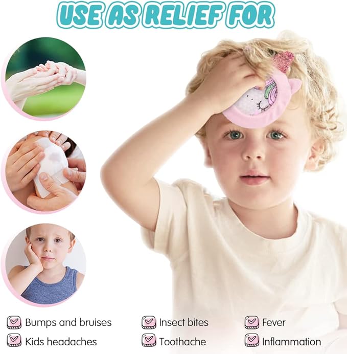 Hilph Kids Ice Packs for Boo Boos, Reusable Gel Cold Packs for Toddlers Injuries, 3 Pcs Hot & Cold Compress with Cute Plush Sleeves for Pain Relief, Fever, Wisdom Teeth, First Aid, Bumps (Unicorn)