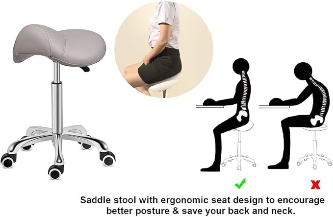 Kaleurrier Saddle Stool Rolling Swivel Height Adjustable with Wheels,Heavy Duty Saddle Chair,Ergonomic Stool Chair for Hair Salon Lab Clinic Dental Massage Home Office Kitchen (Grey, Without Back)