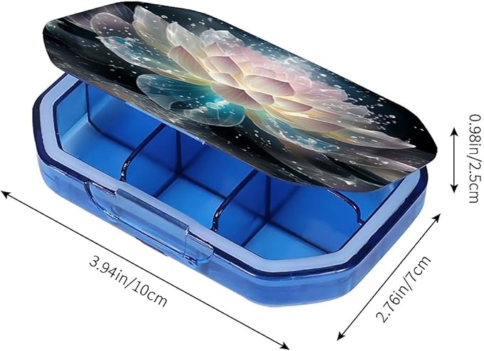 This Portable Crystal Lotus Flower Pattern 6 Compartment Pill Box Can Be Placed in A Pocket Or Wallet to Store Vitamins, Medicines Health Supplements Other Medications.