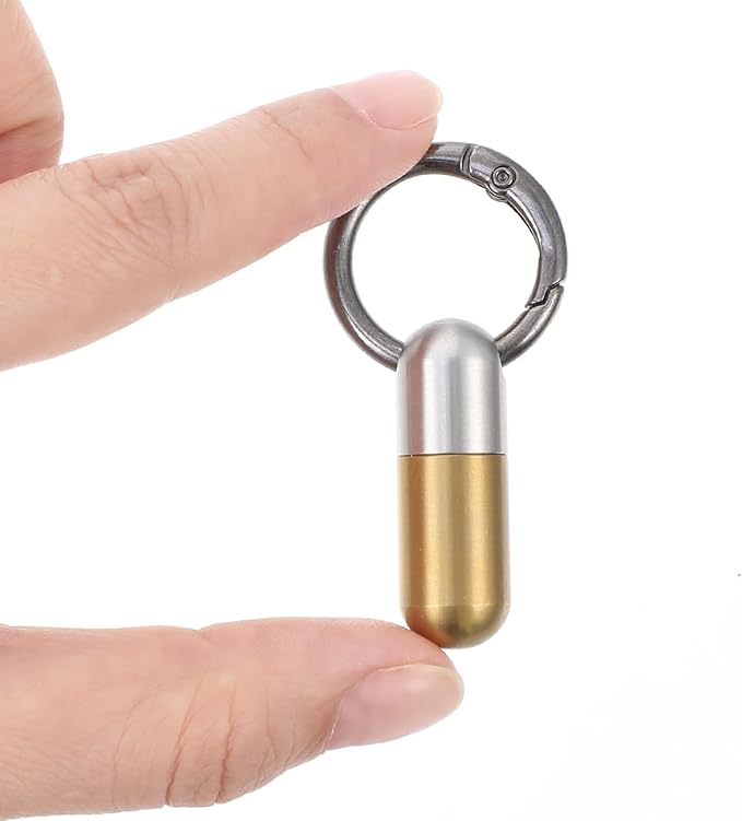 Small Pill Case Keychain Tiny Portable Carabiner Clip Pill Holder Bottle Micro Waterproof Metal Pill Container Mini Emergency Medicine Organizer (Gold and Silver)