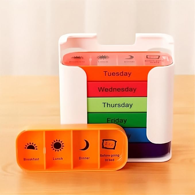 Stay on Track 7-Day Medication Organizer - for Effortless Health Management, Large Weekly Pill Organizer with 4 Times a Day Compartments, Stackable Pill Organizer for Vitamins & Supplements (Green)