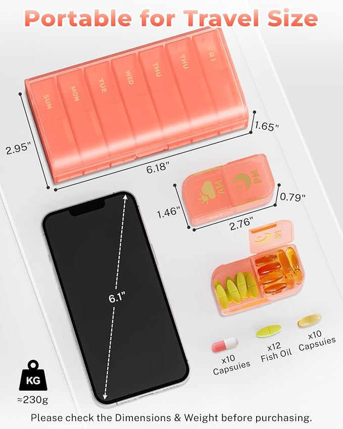 Weekly Pill Organizer 2 Times a Day, 7 Day AM/PM Pill Box, Portable Medication Dispenser with Child-Resistant Latch, BPA-Free, Travel, Office, Pets, Emergency Use (Pink)