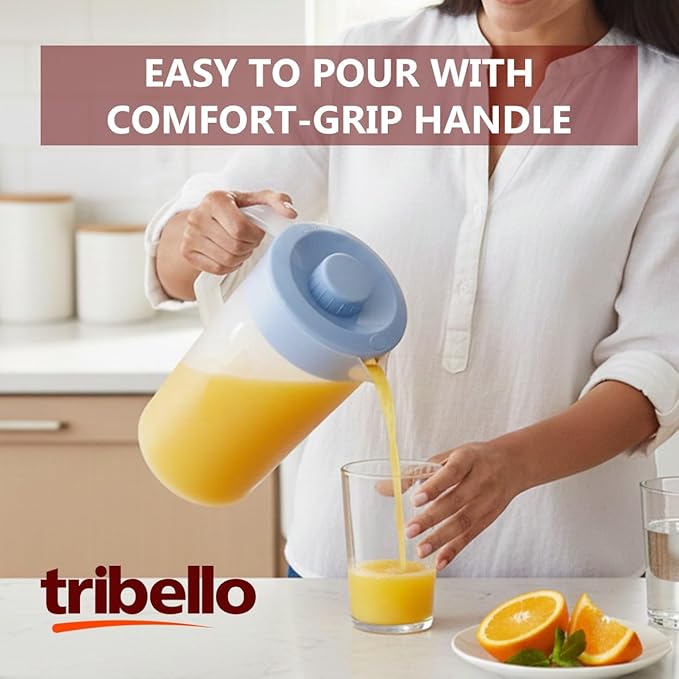 Tribello Pitcher with Lid Half Gallon, Clear Round Plastic Water Pitcher with 3-Way Lid, Ideal for Lemonade, Ice Tea, and Drinks, Freezer/Dishwasher Safe, and BPA Free (0.5 Gallon/2 Liters)