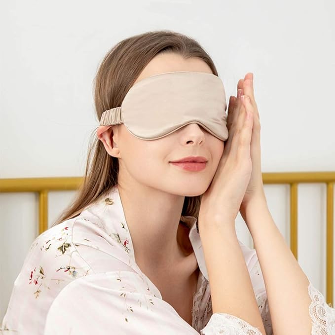 THXSILK Sleep Mask 100% 25 Momme Pure Mulberry Silk Super Smooth Cooling Sleep Eye Mask Blackout for Women/Man/Kids, Eye Cover with Wide Head Strap for Good Night Sleep, Champagne