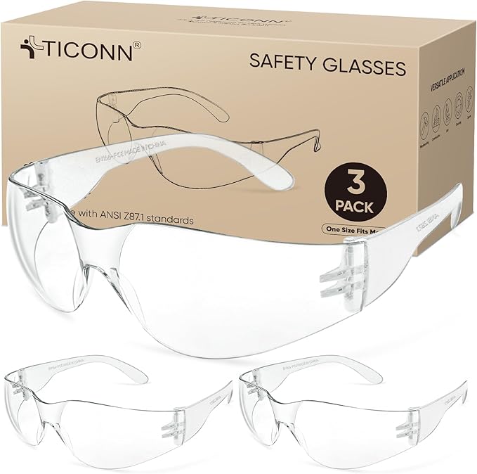 TICONN Clear Safety Glasses for Men and Women, Safety Goggles with Scratch Impact Resistant Meets ANSI Z87.1 Standard