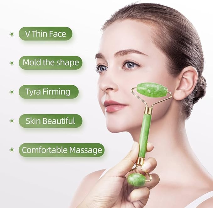 AECW 3-in-1 Natural Jade Roller and Gua Sha Set for Face and Eye Ice Roller Facial Cooling Massage Roller (Green Ice Roller + Jade Roller + Gua Sha)