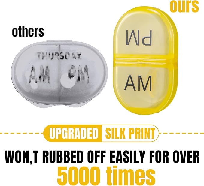 6 Pack Pill Organizer Pocket Small Case Holder Am Pm Pill Case Portable Two Compartment Round Travel 2 Times a Day for Vitamin Medication Supplement(Yellow)