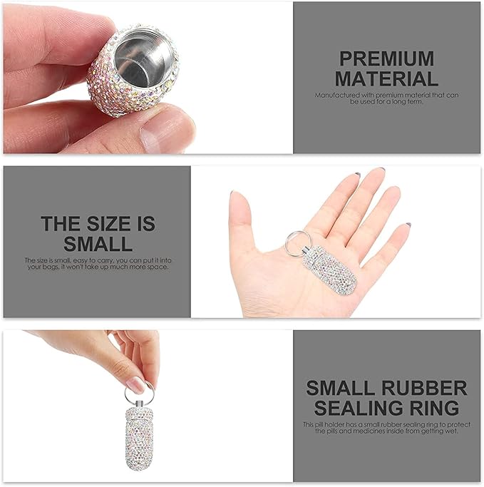 3 Count Multi-colored Aluminum Blingbling Crystals Waterproof Portable Pill Organizer Case Container Storage Box Pocket Keychain Holder for Medicine Vitamins Outdoor Camping Travel Dispenser