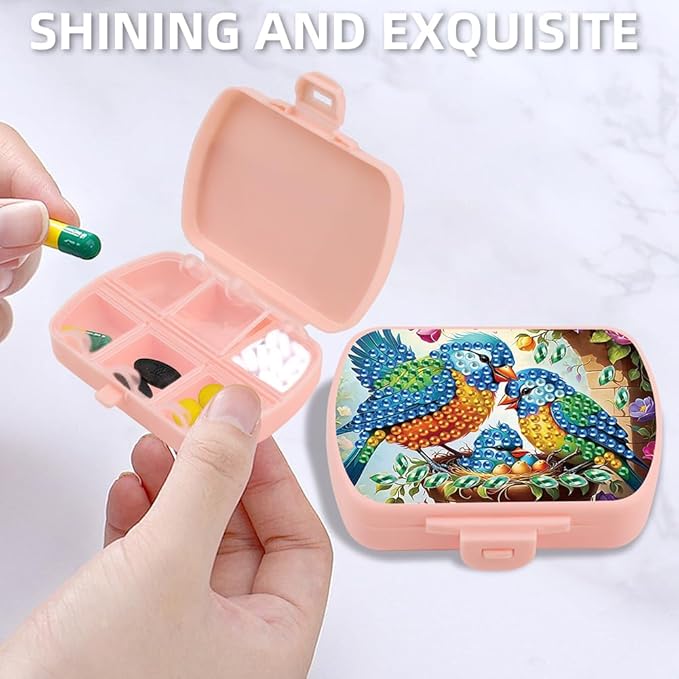 C'eitura 2pcs DIY Colorful Bird Diamond Art Painting Pink Pill Organizer with 6 Lid Detachable Compartments, Fun DIY Craft Project for Adults, Elegant Pill Case for Purse & Travel