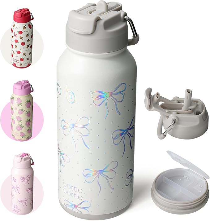 BOTTLE BOTTLE 32oz Insulated Water Bottle Stainless Steel Sport Water Bottle with Straw Dual-use Lid Design for Gym with Pill Box