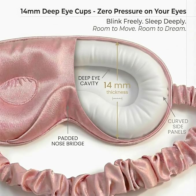MATASSE 100% Mulberry Silk Sleep Mask 22 Momme Grade 6A - 3D Contoured Eye Mask for Sleeping, 14mm Deep Eye Cups, Total Blackout Blindfold for Women Men, Adjustable Strap, Side Sleeper (Pink)