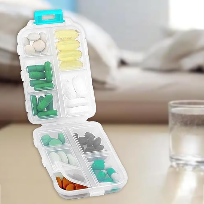 Travel Pill Organizer Portable Pocket Pill Case Small Pill Box for Purse Medicine Organizer Have 10 Compartments Storage Vitamin Fish Oil by INVODA (White)