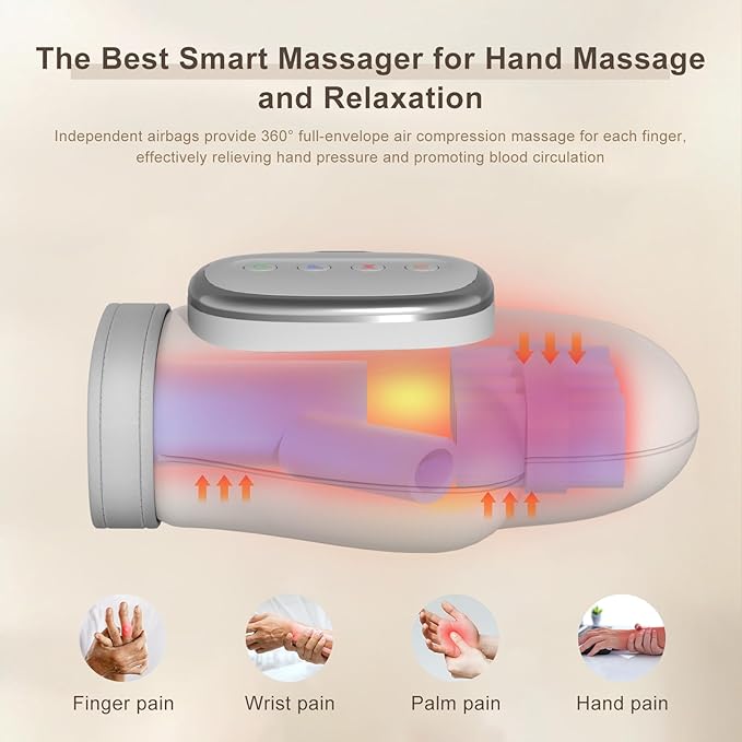 Hand Massager for Arthritis and Carpal Tunnel Relief, Heated Air Compression Therapy for Finger, Palm & Wrist Pain, Portable Cordless Electric Hand Massager