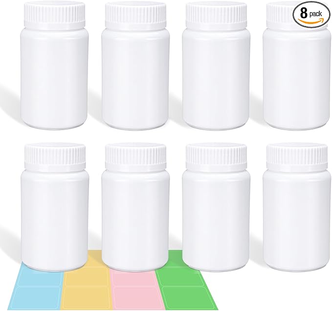 8 Pack Travel Pill Bottles - White Food Grade Plastic with Screw Caps & Labels, Small Pill Organizer for Pills, Vitamins, Capsules