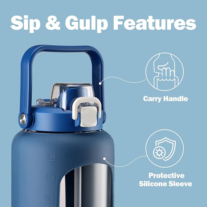 72oz Glass Water Bottle with 2-IN-1 Straw &Chug Lid, Large Motivational Glass Bottle with Capacity Marker and Silicone Sleeve, 2.1Liter Gallon Water Jug for Home, Sports, Gym, BPA Free-Blue