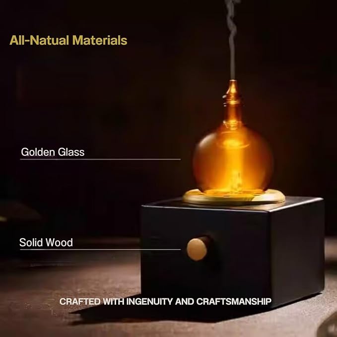 Cordless Aroma Oil Nebulizer - Waterless Diffuser for Essential Oil with Glass & Wood, Rechargeable Portable Nebulizing Machine, Battery Operated up to 40h - Gold & Fire Original Design