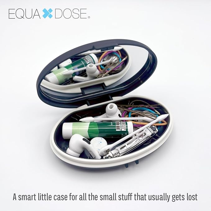 EQUADOSE Oval Compact Pill Case, Portable Organizer with Mirror, Travel Medication Holder with Removable Divider, Small Storage Case for Pills, Vitamins, Earbuds, Jewelry & Daily Essentials, Black