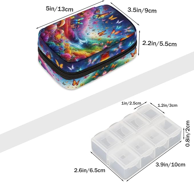 Colored Butterfly Beauty Pill Case Travel Pill Organizer Weekly 7 Day Portable with Zipper Medicine Box Pill Case for Vitamins, Birth Control,Fish Oils,Medication, Supplements