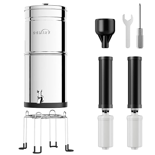 Gravity Water Filter System, 2.25G Stainless Steel Countertop System Water Purifier with Stand, Reduce 99% Chlorine for Home Camping Backpacking RVing, 2 Carbon and 2 Fluoride Filters