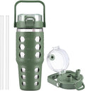 MUKOKO 32 oz Glass Tumbler with Straw,Glass Water Bottles with Time Marker,Iced Coffee Cup with Silicone Sleeve,Motivational Drinking Bottles,Leakproof-Olive