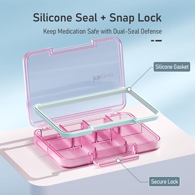 Small Pill Organizer, Waterproof & Portable Pill Case for Daily Travel - Adjustable 7 Compartments Compact Medicine Holder for Vitamins, Pills, Perfect for Purse or Pocket (Black)