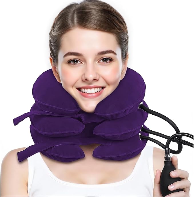 Neck Stretcher, Cervical Traction Device, Neck Traction Device, Cervical Neck Traction Device for Neck Pain Relief, Adjustable Inflatable Neck Brace, Neck Decompression Home Use (Purple)