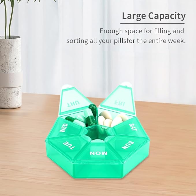 Green Daily Pill Organizer - 7 Day, 1 Time a Day, Travel Pill Box with 7 Compartments