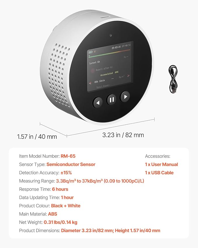 VEVOR Radon Detector for Home, Portable Radon Gas & Air Quality Monitor with LCD Color Display, Visual & Audible Alarms, Long-Term Monitoring, Battery Operated or Wired Use