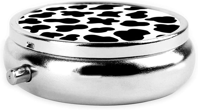 Animal Cow Print White Black Spot Print Round Metal Pill Box with 3 Compartment for Pocket or Purse Travel Bag Mini Small Size 2 inche