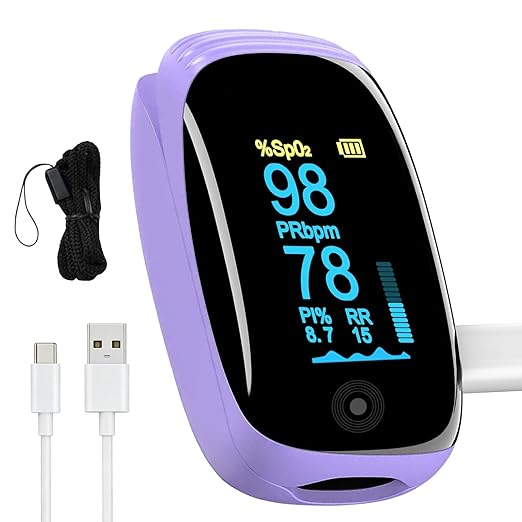 Rechargeable pulse oximeter with respiration, with SpO2 Pulse Rate and PI RR Precision Fast Oximeter SpO2 Reading Outdoor Sports Home (Purple)