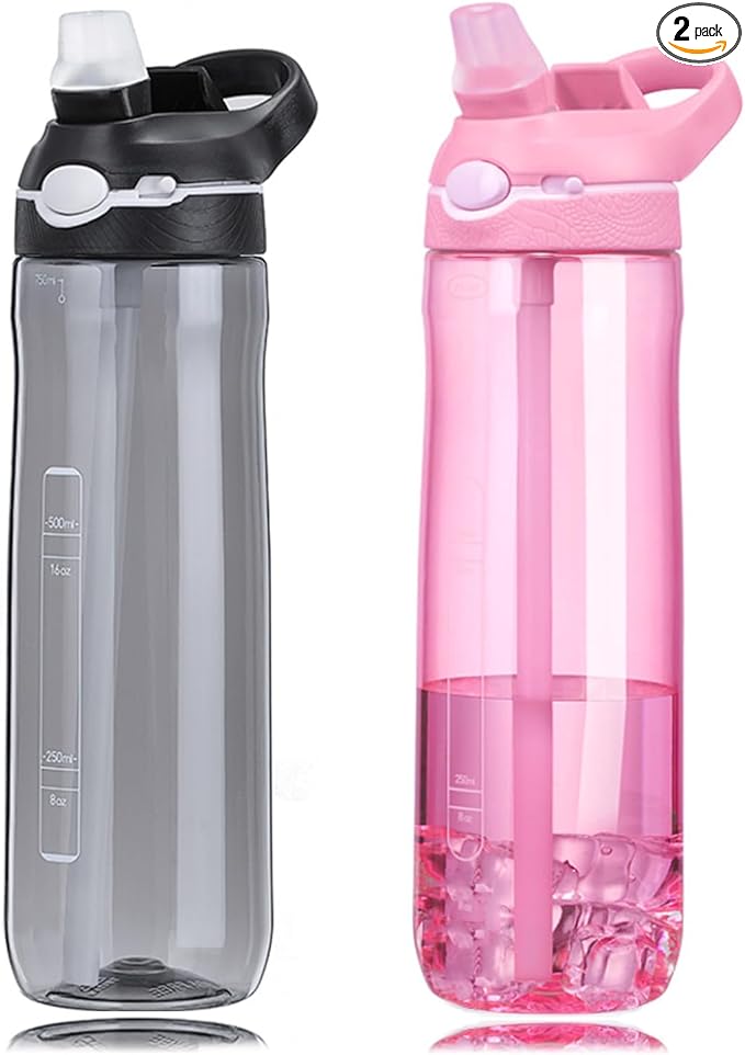 DEARART 2 Packs Black & Pink Water Bottles With Straw, 100% Leak Proof Has Handle Easy Carried Lockable Lid, For Travel Office Gym Home, 24oz (750ml)