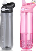 DEARART 2 Packs Black & Pink Water Bottles With Straw, 100% Leak Proof Has Handle Easy Carried Lockable Lid, For Travel Office Gym Home, 24oz (750ml)