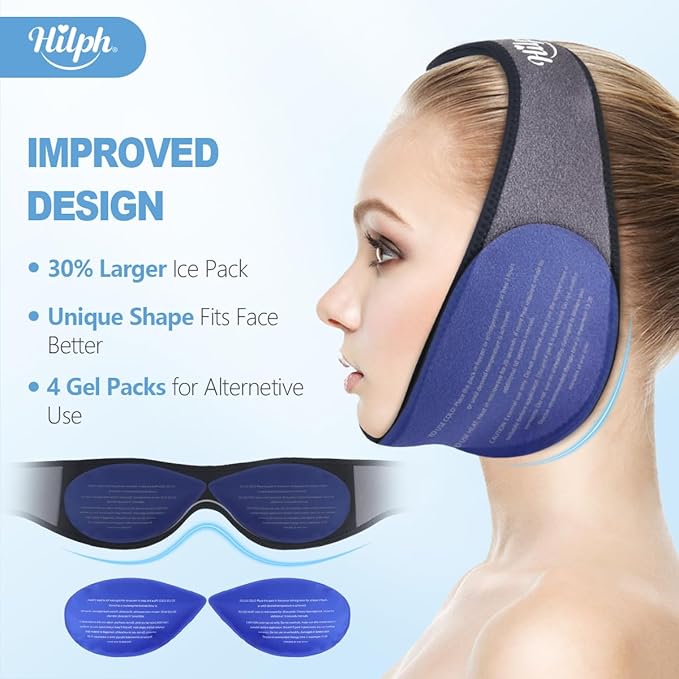Hilph Face Ice Pack Wisdom Teeth Ice Pack Head Wrap with Washable Jaw Wrap and 4 Replacement Hot Cold Pack for Facial Oral Surgery, TMJ, Tooth Extraction, Dental Surgery, Tonsillectomy Recovery Grey