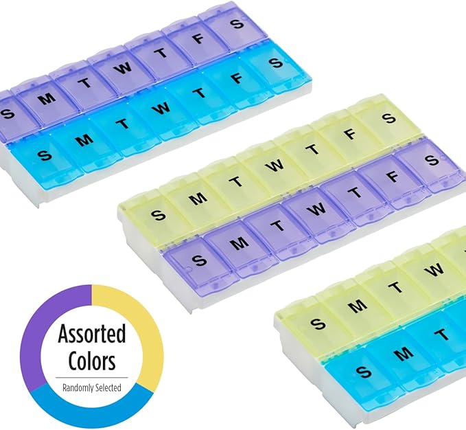 EZY DOSE (14-Day) AM/PM Pill Case, Medicine Planner, Vitamin Organizer Box, 2X-Large Locking Compartments to Secure Prescription Medication and Prevent Accidental Spilling, Color May Vary, BPA Free