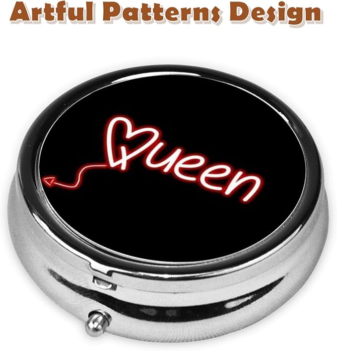 Metal Pill Organizer - 3-Compartment Mini Round Pill Case for Pocket & Purse, Portable Vitamin Holder, Easy-Open Design for Travel - Queen