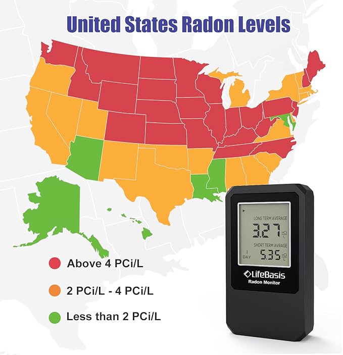 LifeBasis Radon Detector, Radon Test for Home with Long and Short Term Radon Meter, Home Radon Gas Monitor US Version-pCi/L (Update Version, Matte Black)
