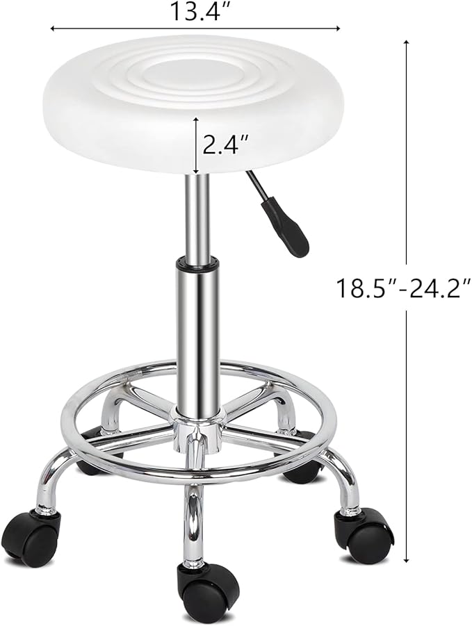 Modern Rolling Round Stool Chair,PU Leather Swivel Adjustable Rolling Stools,Ergonomic Swivel Salon Spa Barstools,Office Drafting Chairs,with Wheels,for Home, Kitchen, Medical, Lab (White)