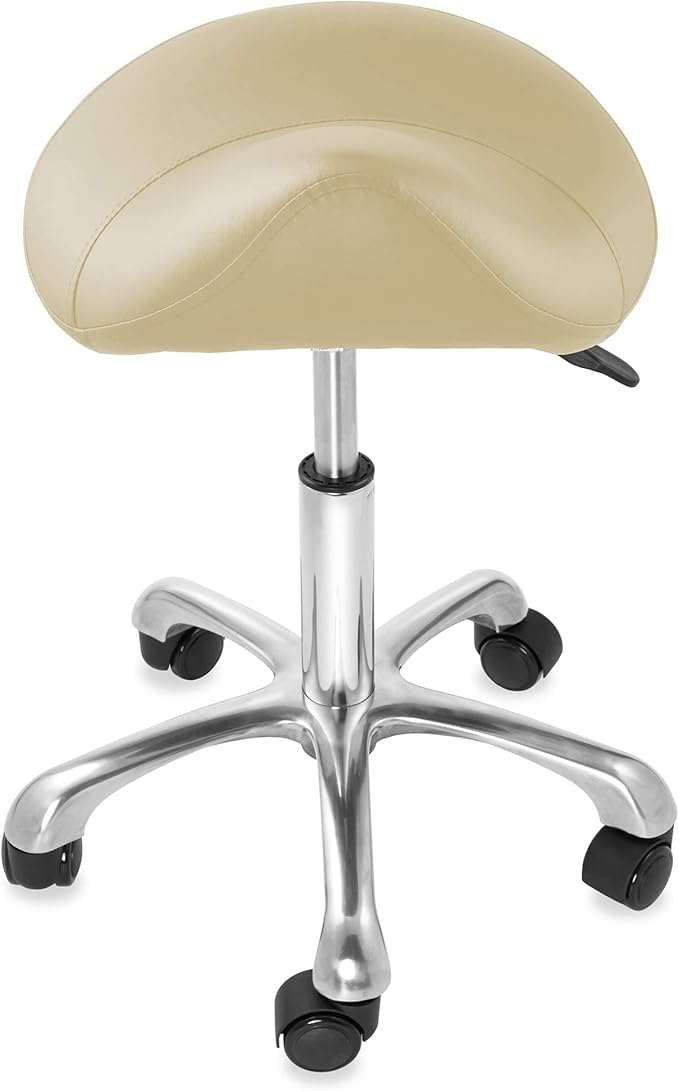 Saloniture Professional Ergonomic Saddle Stool, Cream - Adjustable Hydraulic Seat, Rolling Spa Salon, Massage, and Medical Office Chair with Swivel Wheels