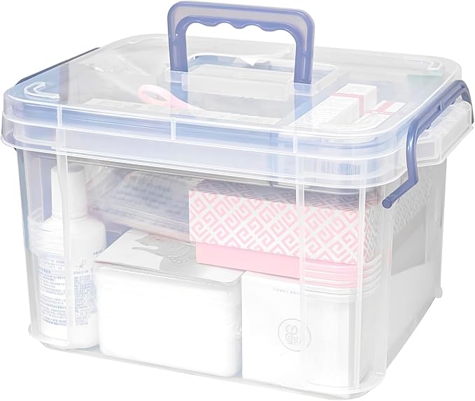 15qt Multi-Color Clear Medicine Organizer Storage Box (with Tray) - Thickened Plastic Empty First Aid Case + Handle | Portable Multipurpose Medical Caddy (Blue)