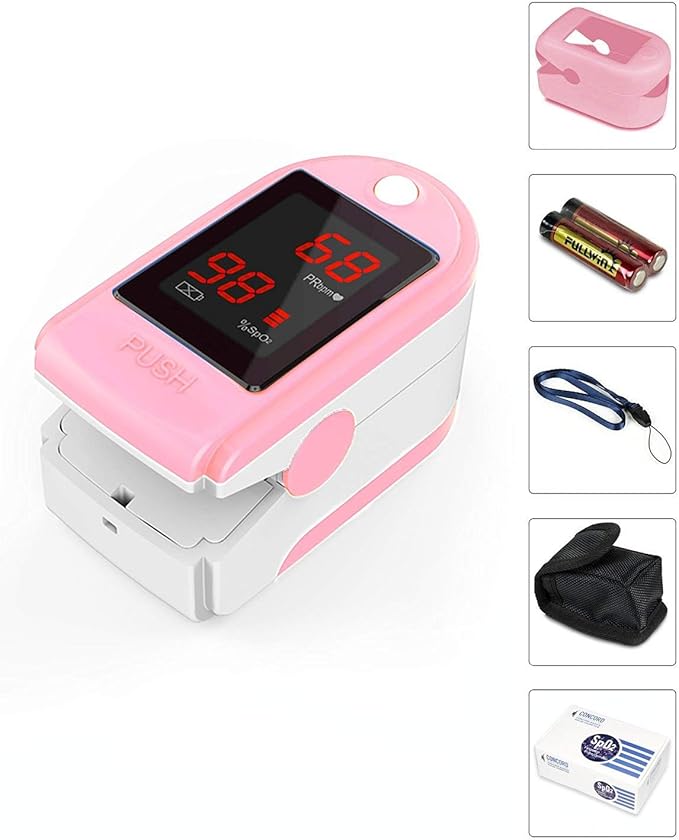 Concord Basics Fingertip Pulse Oximeter - Blood Oxygen Saturation Monitor with Carrying Case, Batteries, Silicone Cover & Lanyard - Easy to Use, Accurate SpO2 & Pulse Measurement (Pink)