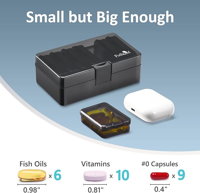 Fullicon Small Pill Organizer for Purse, Daily Travel Medicine Pill Case, Weekly 7 Day Daily Pill Box, Pocket Pharmacy Pill Container Dispenser Holder with Labels for Supplement and Vitamins (Black)